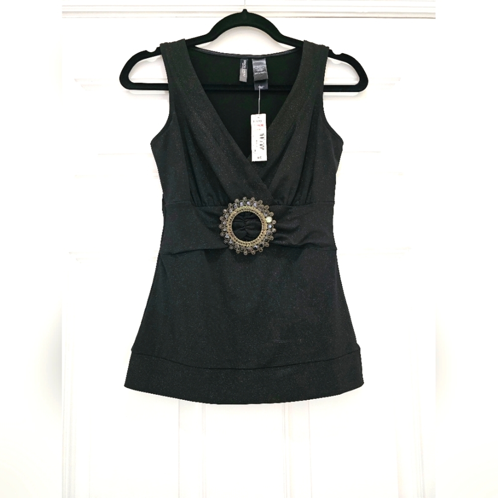 NWT Bisou Bisou Ex-Small (XS) Black Sleeveless Shirt Faux embellished belt